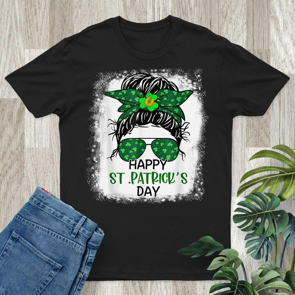 Happy St Patricks Day Messy Bun Saint Paddys Girls Kids Shirt Unisex Standard T-Shirt black s