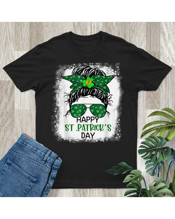 Happy St Patricks Day Messy Bun Saint Paddys Girls Kids Shirt